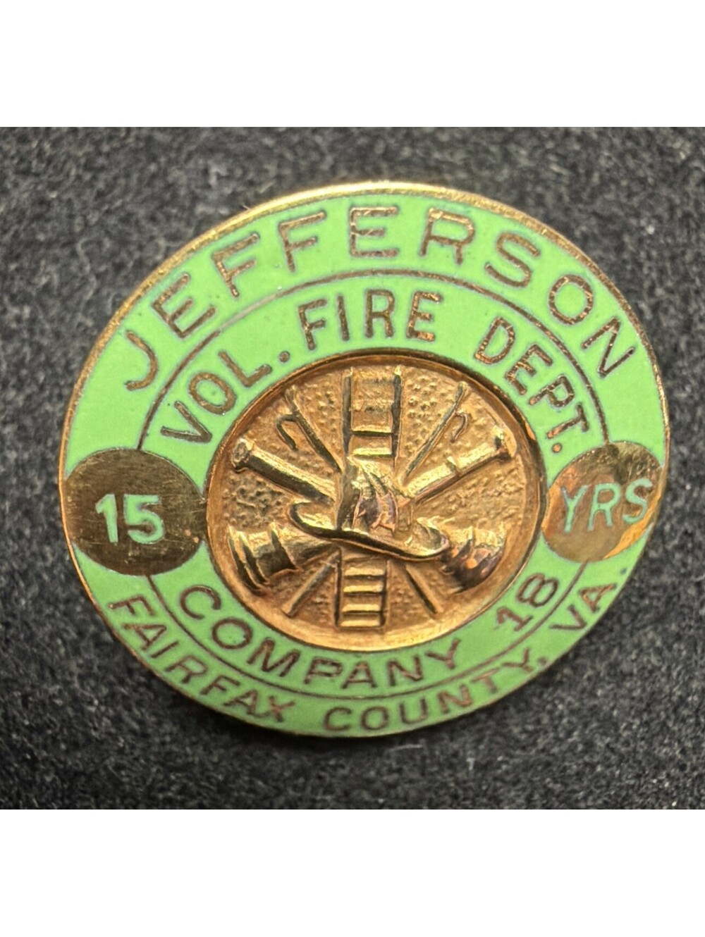 VTG Vol Fire Dept Lapel Pin 15 Years Jefferson Fairfax County VA 1/20 10K GF